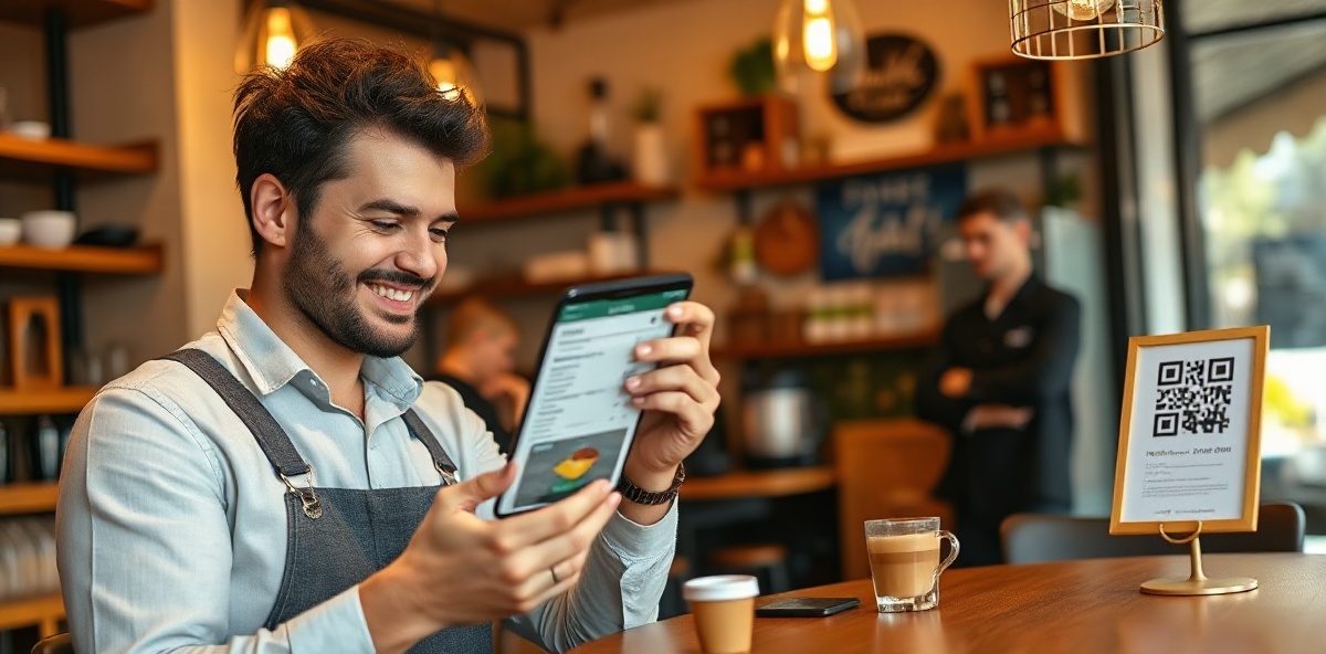 Café owner looking at digital QR menu on smartphone — Waitex